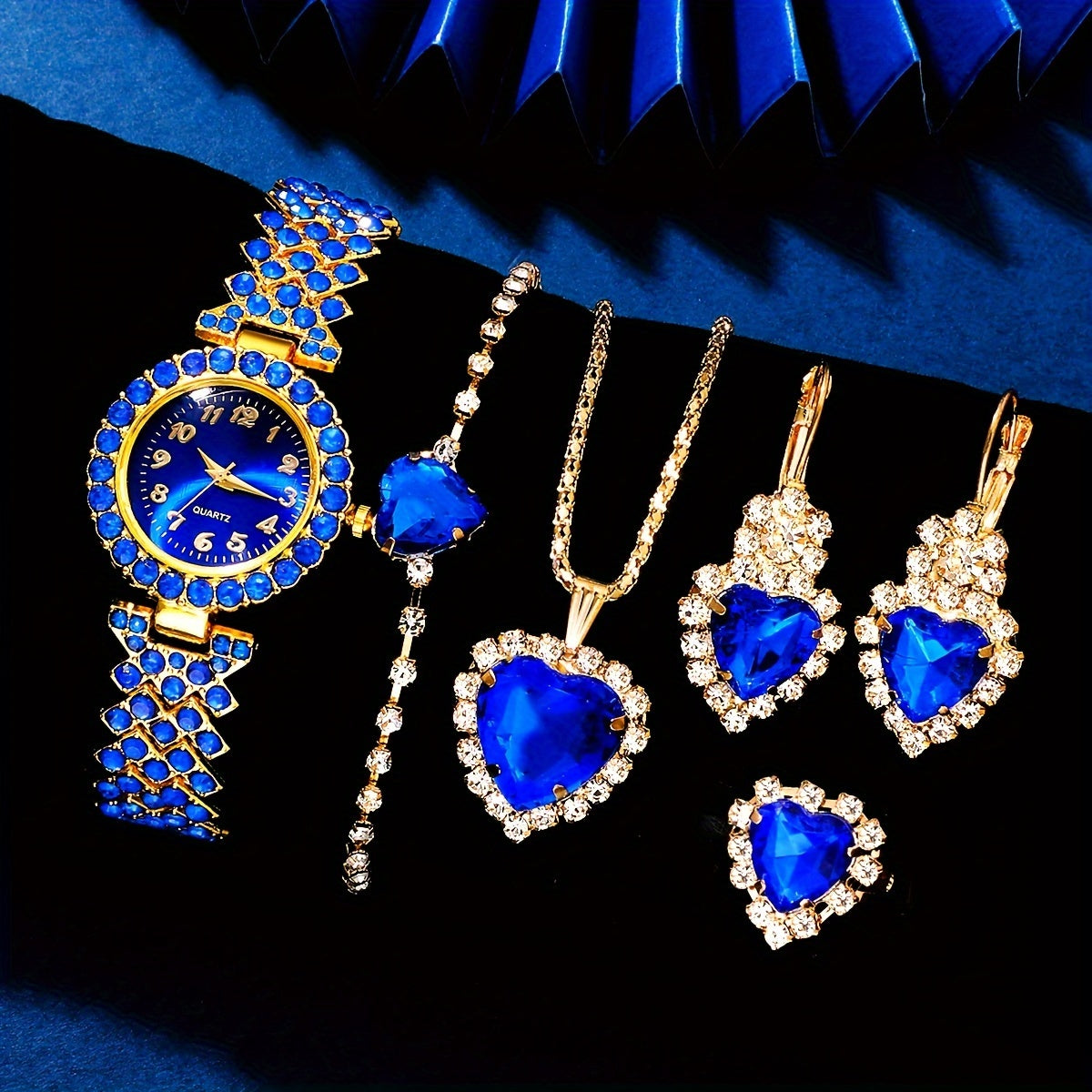 Klein Blue Quartz Watch and Synthetic Gem Jewelry Set for Women with Rhinestones