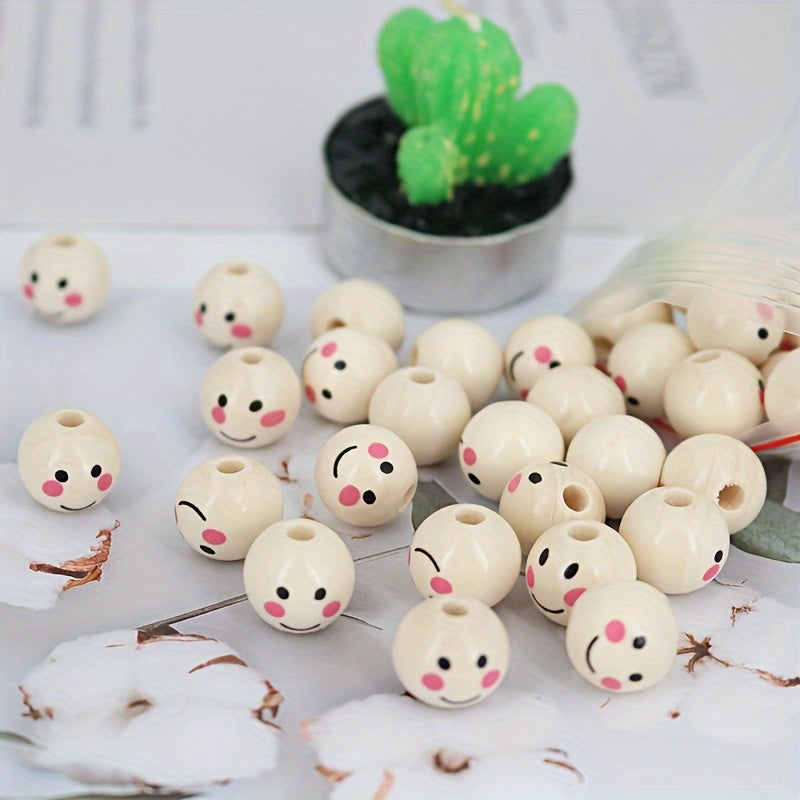 Round Wooden Beads with Happy Face Pattern for DIY Jewelry and Crafts 10mm 12mm 14mm 16mm 25mm Pack of 20 50 or 100