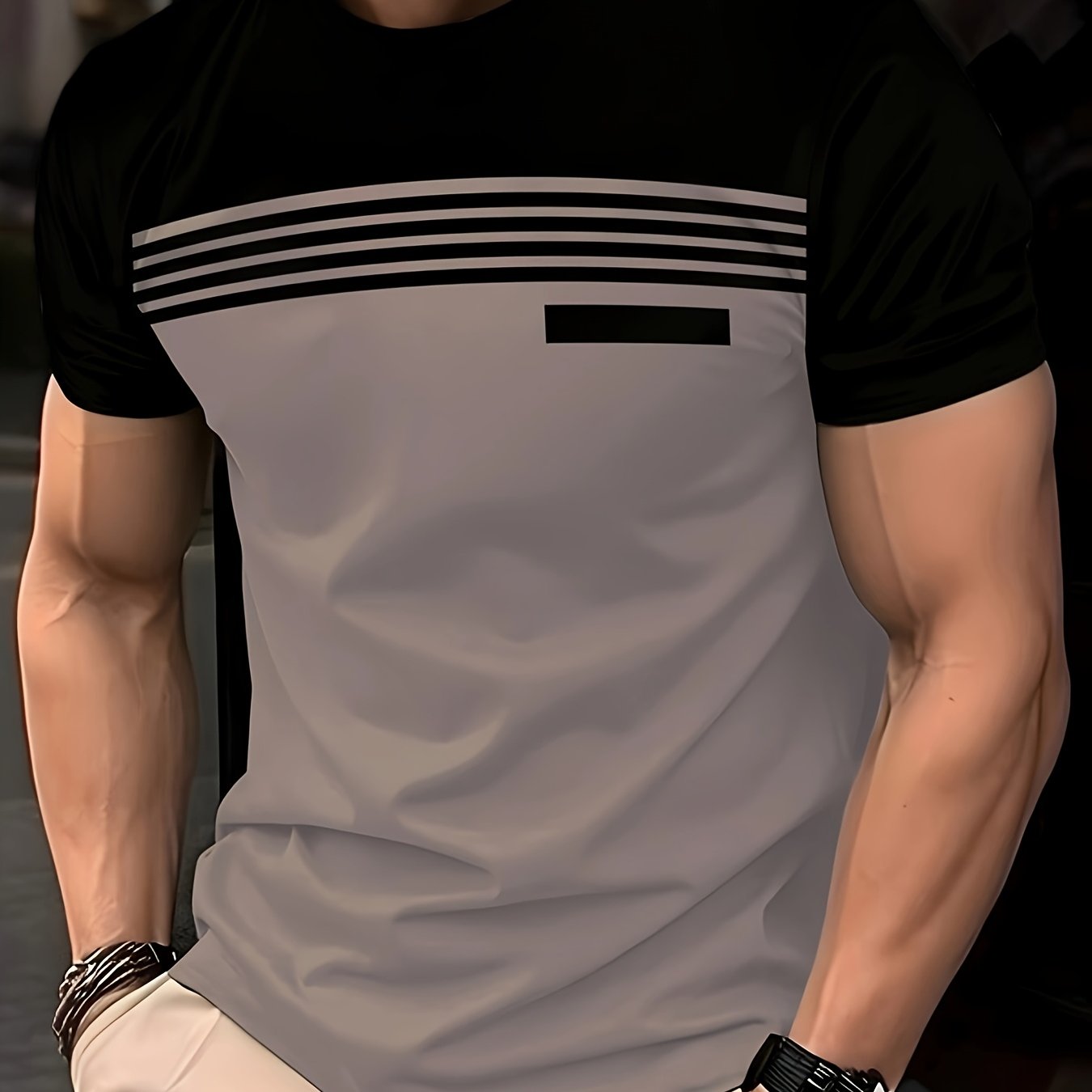 Erkaklar uchun qisqa yengli futbolka, chiziqli geometrik naqsh bilan, yumshoq bo'yin, odatdagi kesim, 100% polyester to'qima matodan tayyorlangan, biroz cho'ziluvchan.