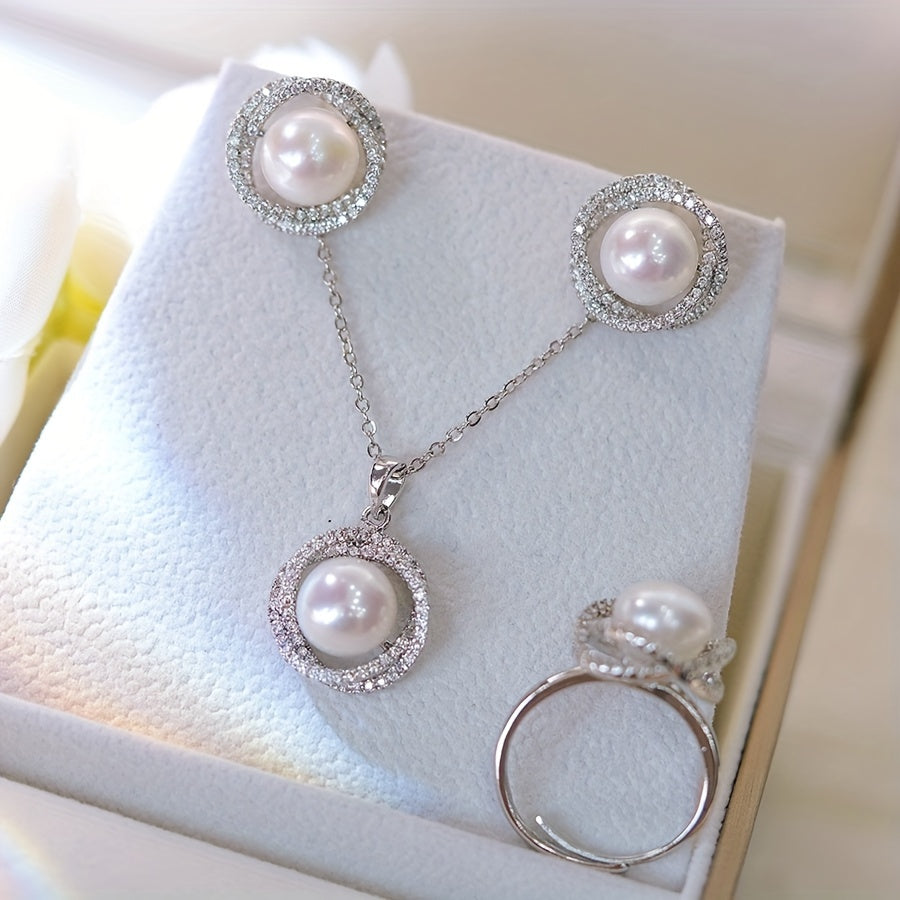 Birds Nest Jewelry Set with Freshwater Pearls Gold-Plated Necklace Ring Earrings for Women