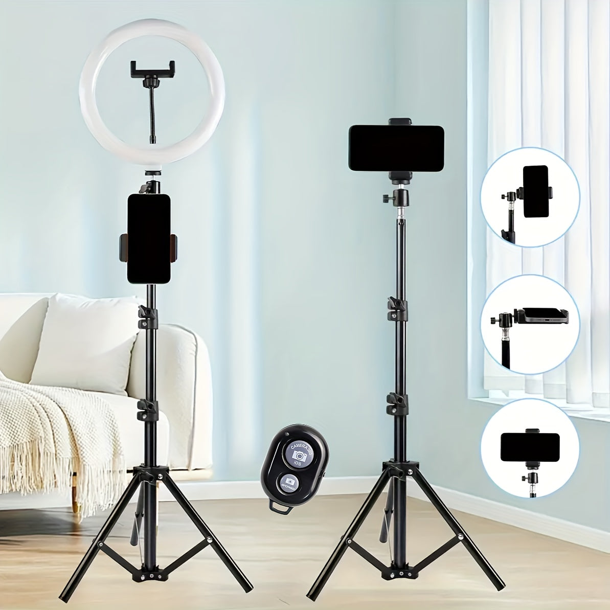 53.54-Inch Selfie Ring Light with Tripod Dual Phone Holders 3 Color Modes 12 Brightness Levels USB Powered