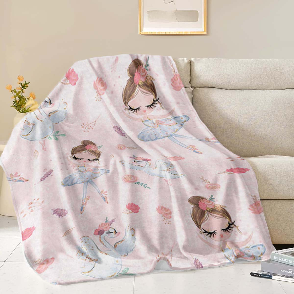 Soft and Cozy Ballet Dancer Cartoon Pattern Flannel Throw Blanket for All Seasons