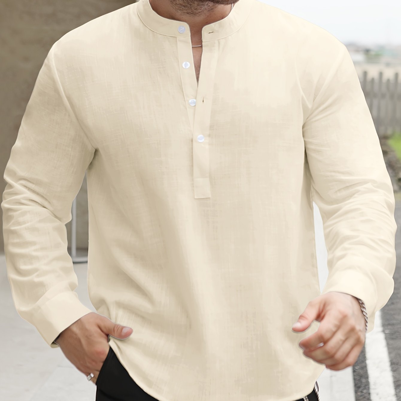 Men's Mint Green Bamboo Cotton Henley Shirt Long Sleeve Casual Summer Relaxed Fit