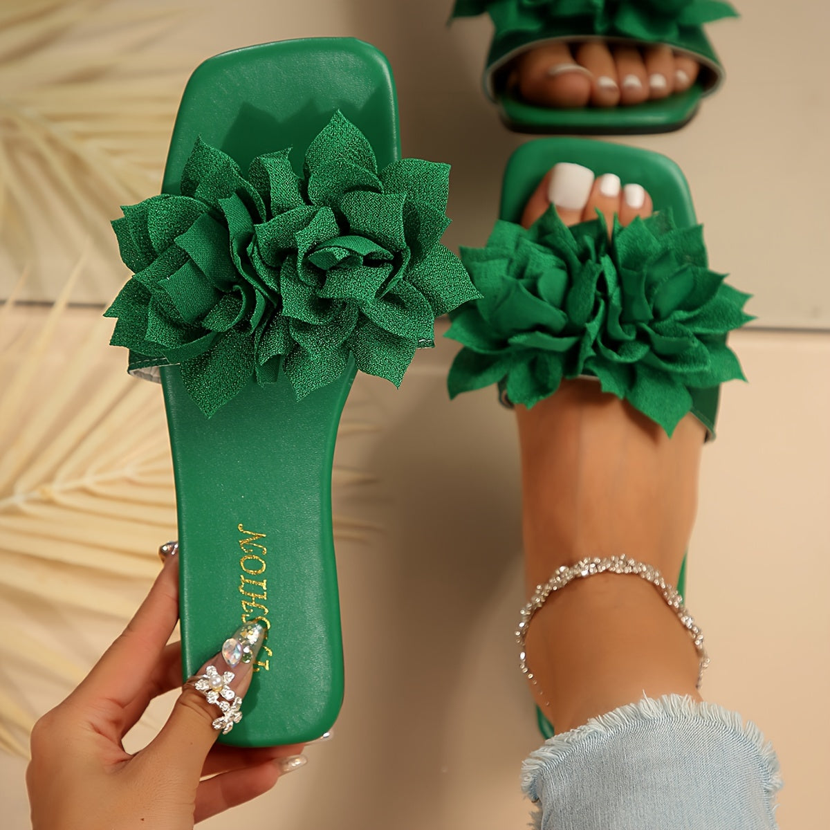 Women's Plus Size Leather Slide Sandals Flat Square Toe Summer Beach Shoes