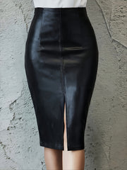 Women’s Black High-Waisted PU Leather Midi Skirt with Side Slit