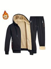 Men's Fleece Lined Tracksuit Set Hooded Zip-Up Coat and Drawstring Pants for Fall Winter