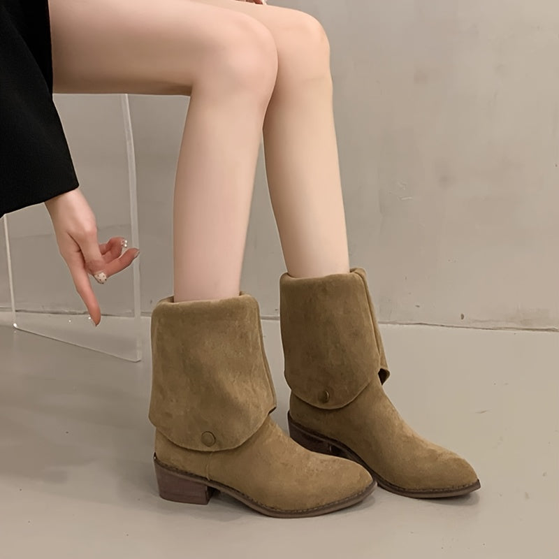 Women's Black Pointed Toe Chunky Heel Knee-High Winter Boots