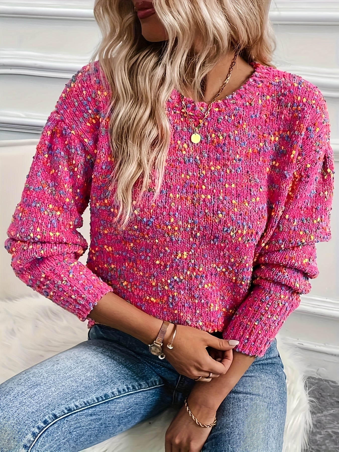 Plus-Size Women's Polka Dot Pullover Sweater Fall Winter Cozy Drop Shoulder Long Sleeve