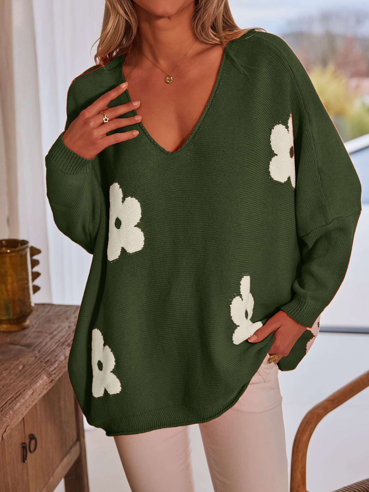 Женский свитер с V-образным вырезом и цветочным принтом plus size, темно-синий, с длинными рукавами