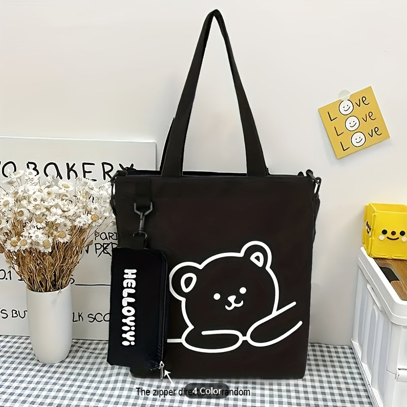 Cartoon Print Nylon Tote Bag with Large Capacity for Commuting Shoulder and Coin Bags