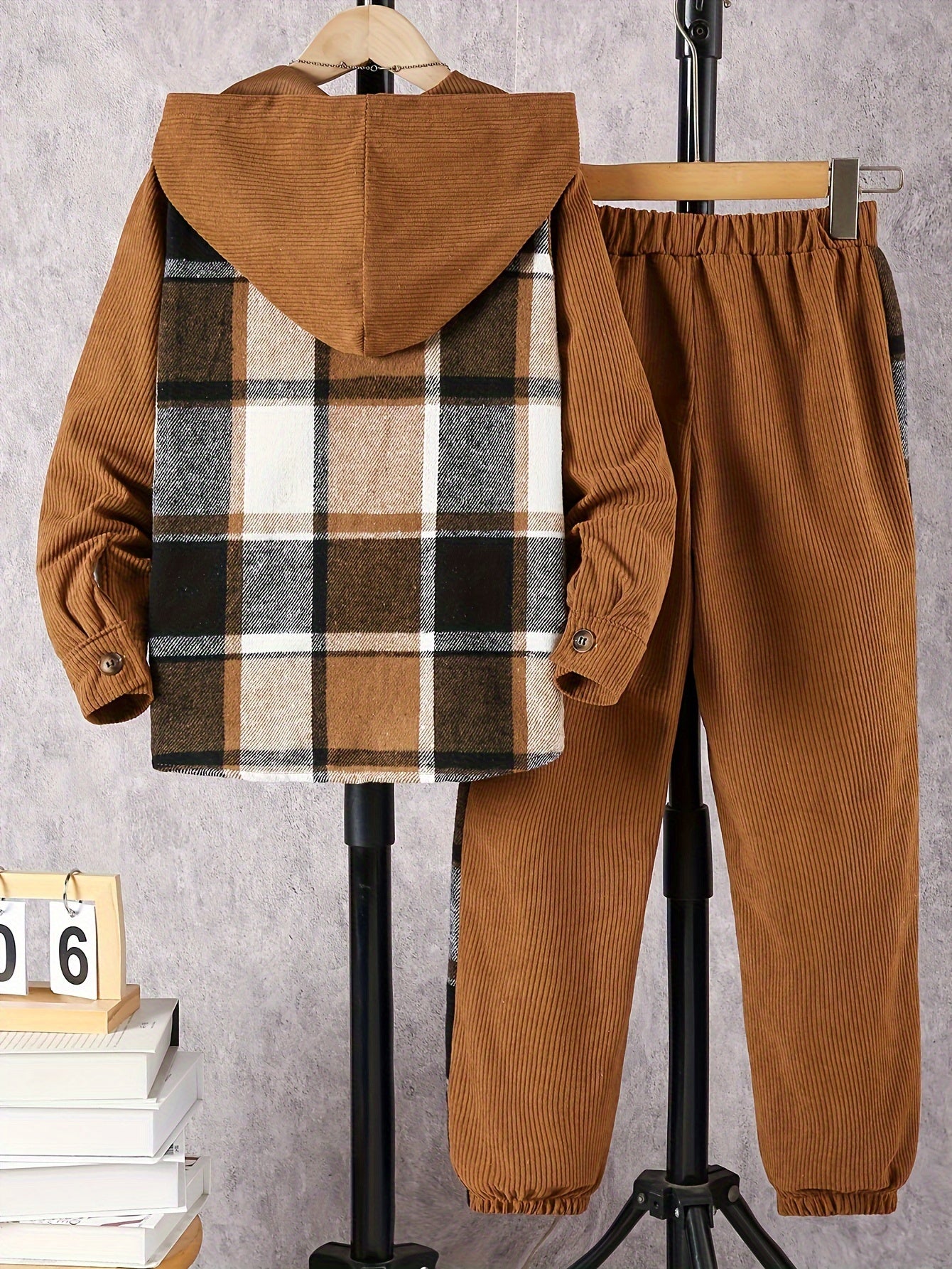 Boys Plaid Hooded Suit Fall Winter Tartan Polyester Casual Over 3 Years