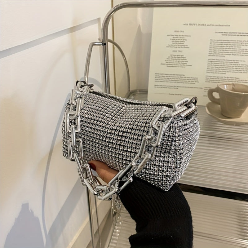 Silver Grey Glitter Evening Bag with Chain Strap and Zipper Closure