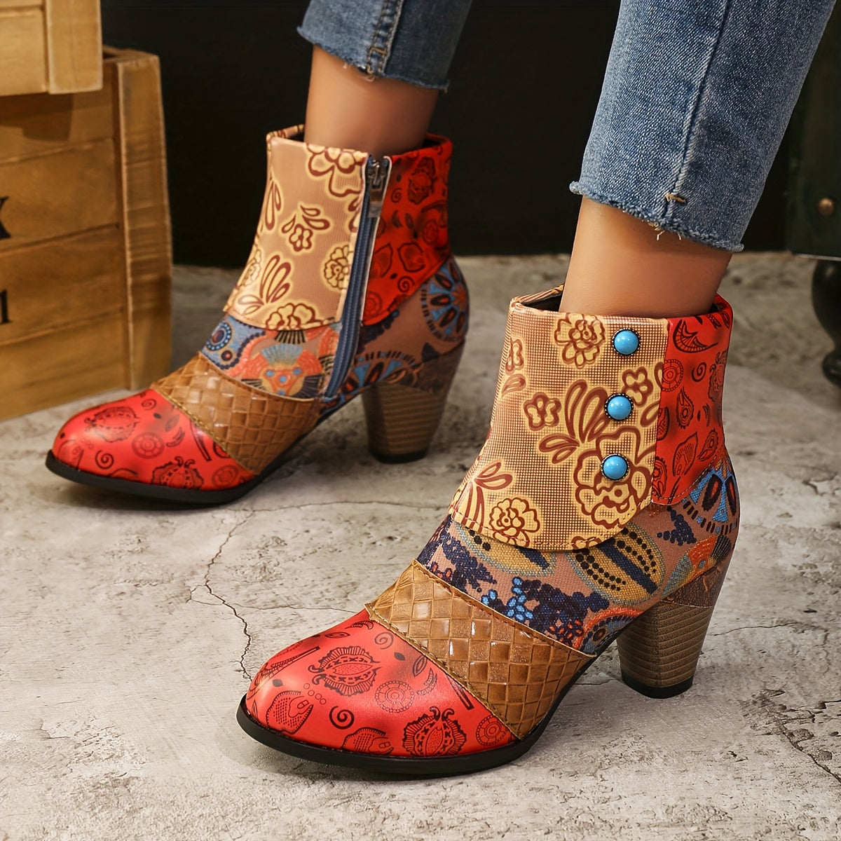 Women's Vintage Ethnic Style High Heel Ankle Boots Black Leather