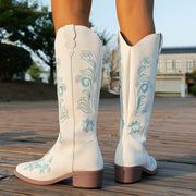 Women's Western Style Slip-On Combat Boots White PU Floral Embroidery All-Season