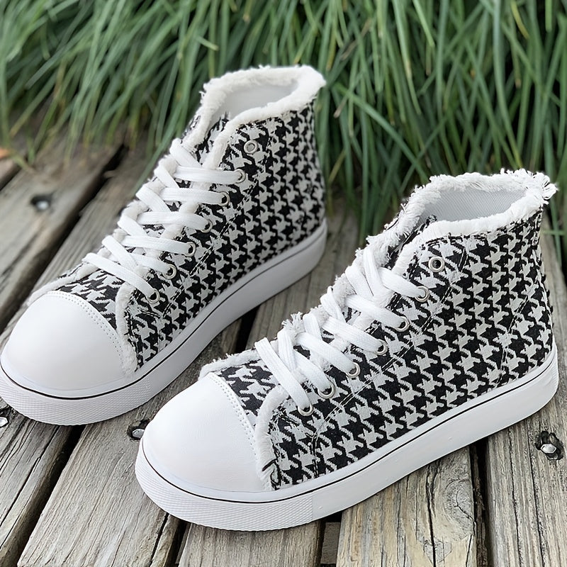 Women's Houndstooth Pattern High-Top Sneakers Black and White Fabric