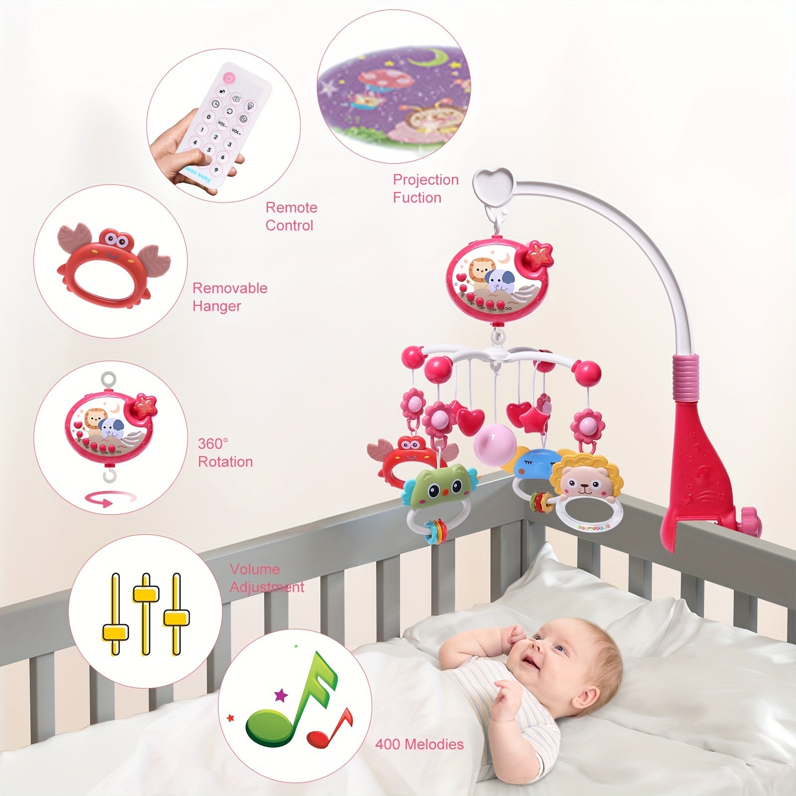 Kids' Crib Toy with Music Night Light and Remote Red Blue