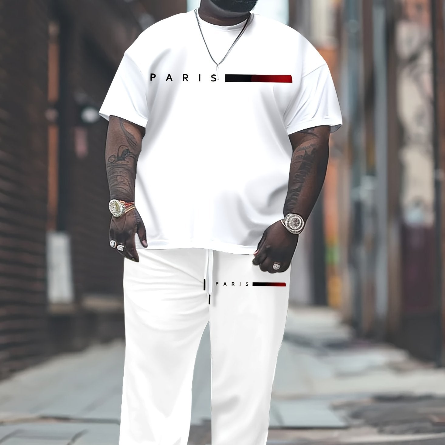 Plus Size Men's Athletic Set Includes Paris Graphic T-Shirt and Joggers Casual Sportswear
