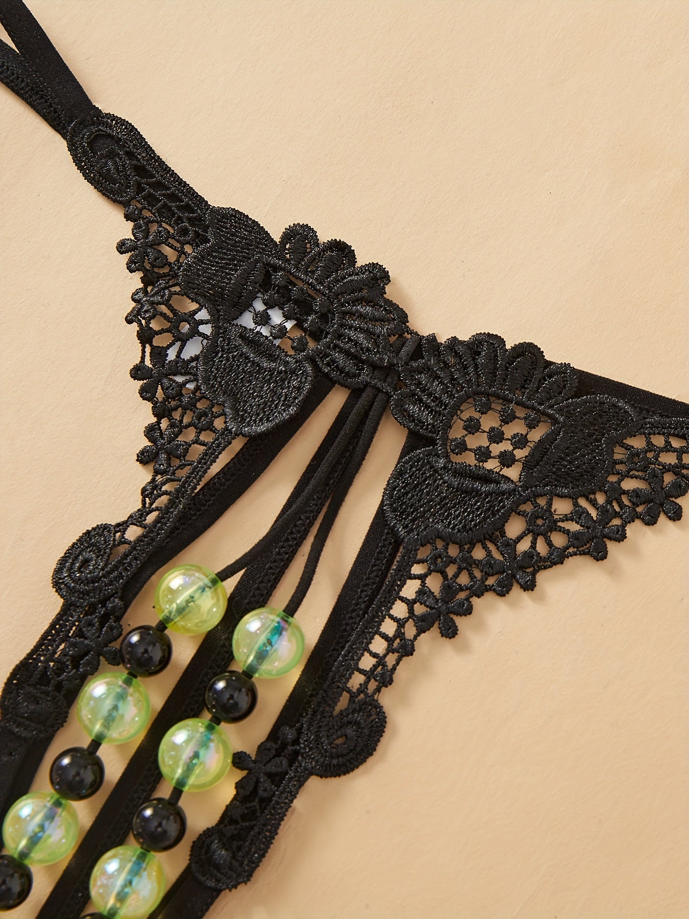 Women’s Lace Double Row Beads Open Crotch Thongs Low Waist Lingerie