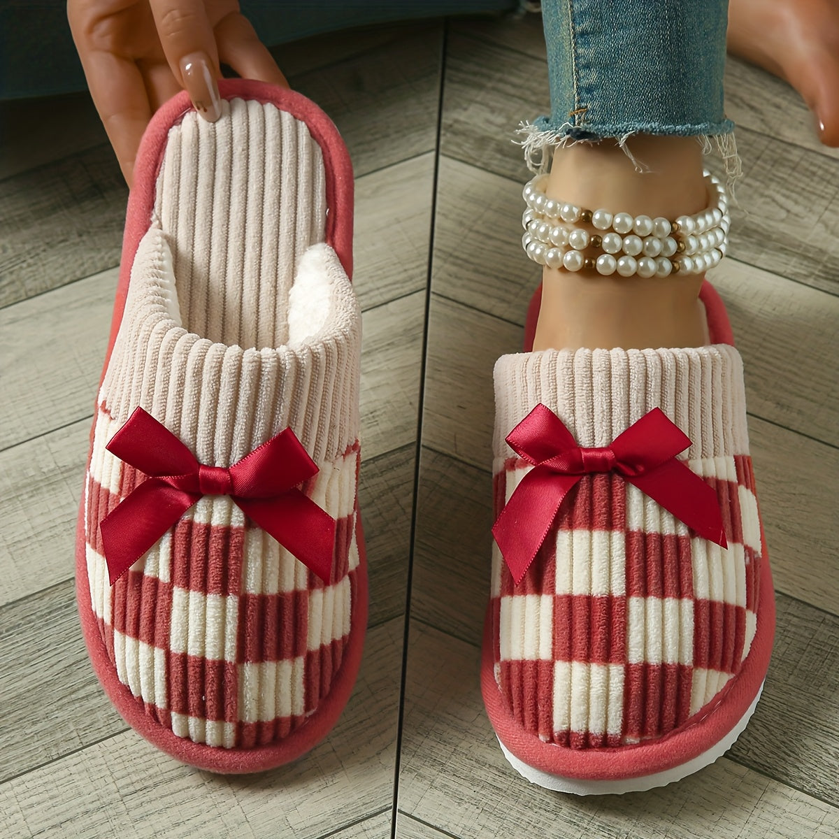 Unisex Checkered Knit Slip-On Slippers with Bow Indoor Comfort