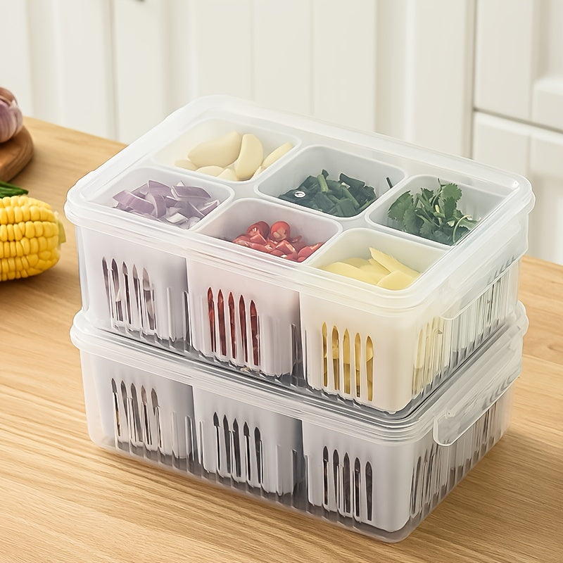 Kitchen Scallion Storage Box with 6 Compartments, Drain, Keeps Fruits Fresh