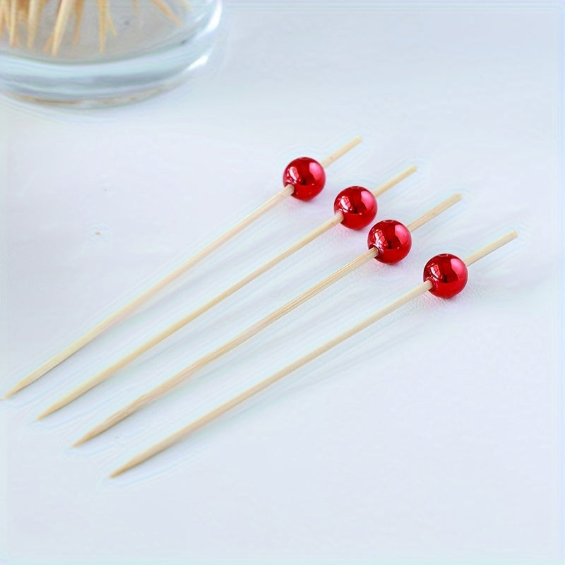 100 Packs Bamboo and Pearl Fruit Fork Sticks for Party, Cakes, Desserts