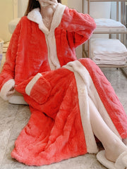 Women's Fleece-Lined V-Neck Sleep Robe with Pockets and Floral Pattern