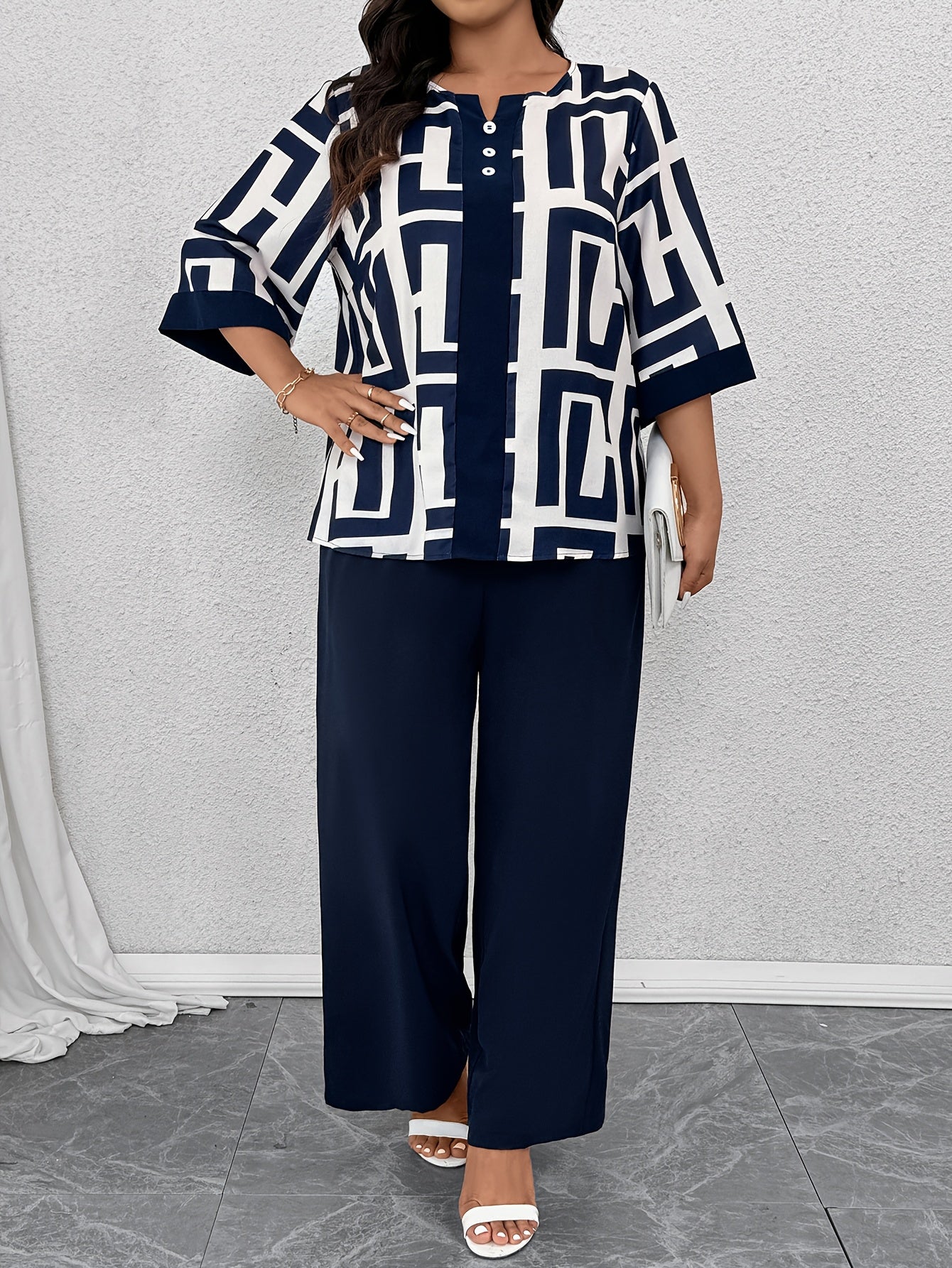 Conjunto de dos piezas para mujer con estampado geométrico, top de escote en V y pantalones de pierna ancha, poliéster