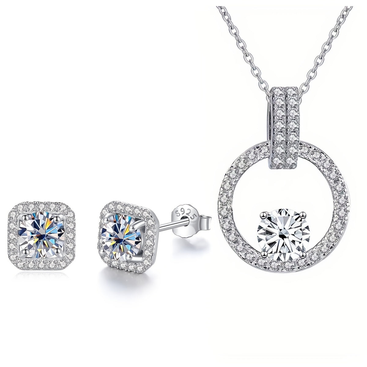 Moissanite Jewelry Set Necklace and Earrings Sterling Silver 1 Carat and 0.5 Carat Stones Gift Box