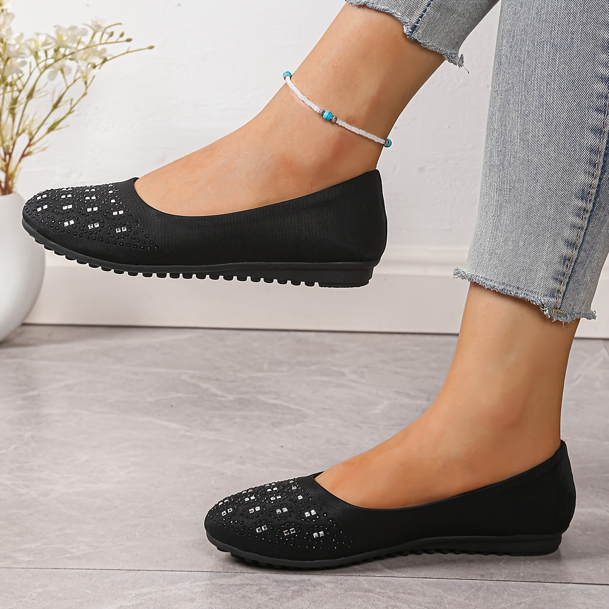 Women's Glittery Rhinestone-Embellished Slip-On Flats Black Fabric All-Season Shoes
