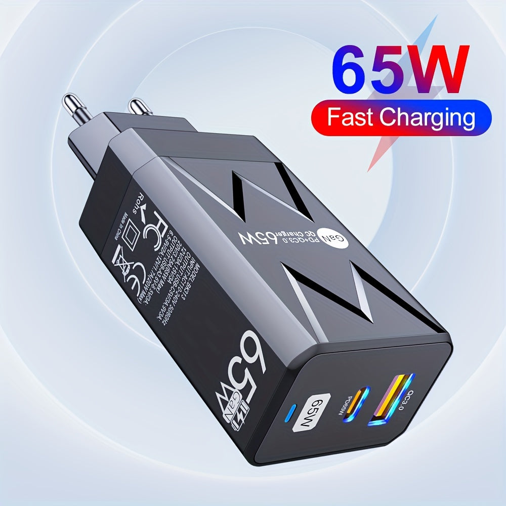 65W PD and 20W USB GaN Wall Charger EU Plug Fast Charging Portable Travel Power Adapter