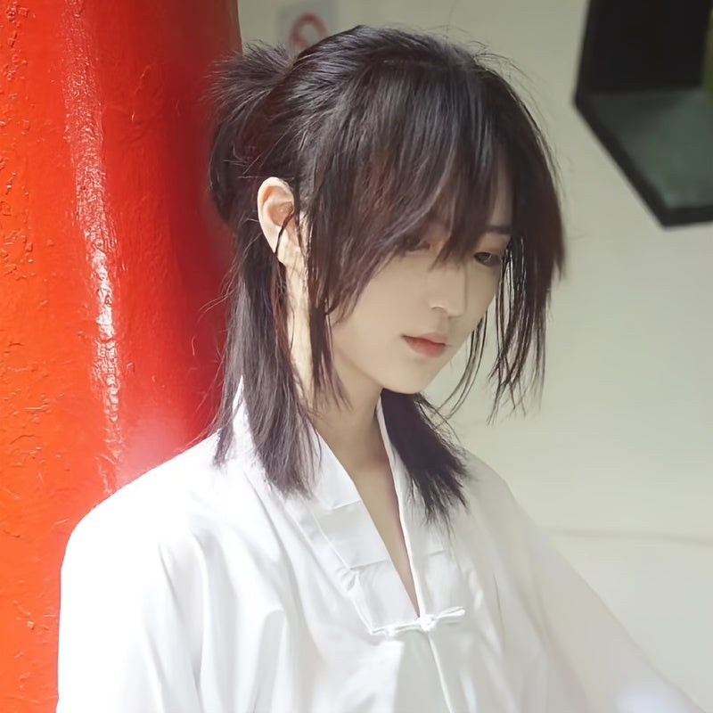 Долговечный и стильный парик для мужчин в стиле аниме, вдохновленный боевыми искусствами - Фанковый черный волокнистый волос, прямые волосы для косплея.