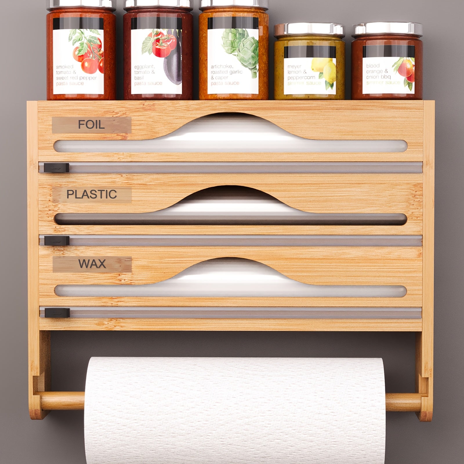 Bamboo Wall Mount Kitchen Wrap Organizer with Cutter and Labels