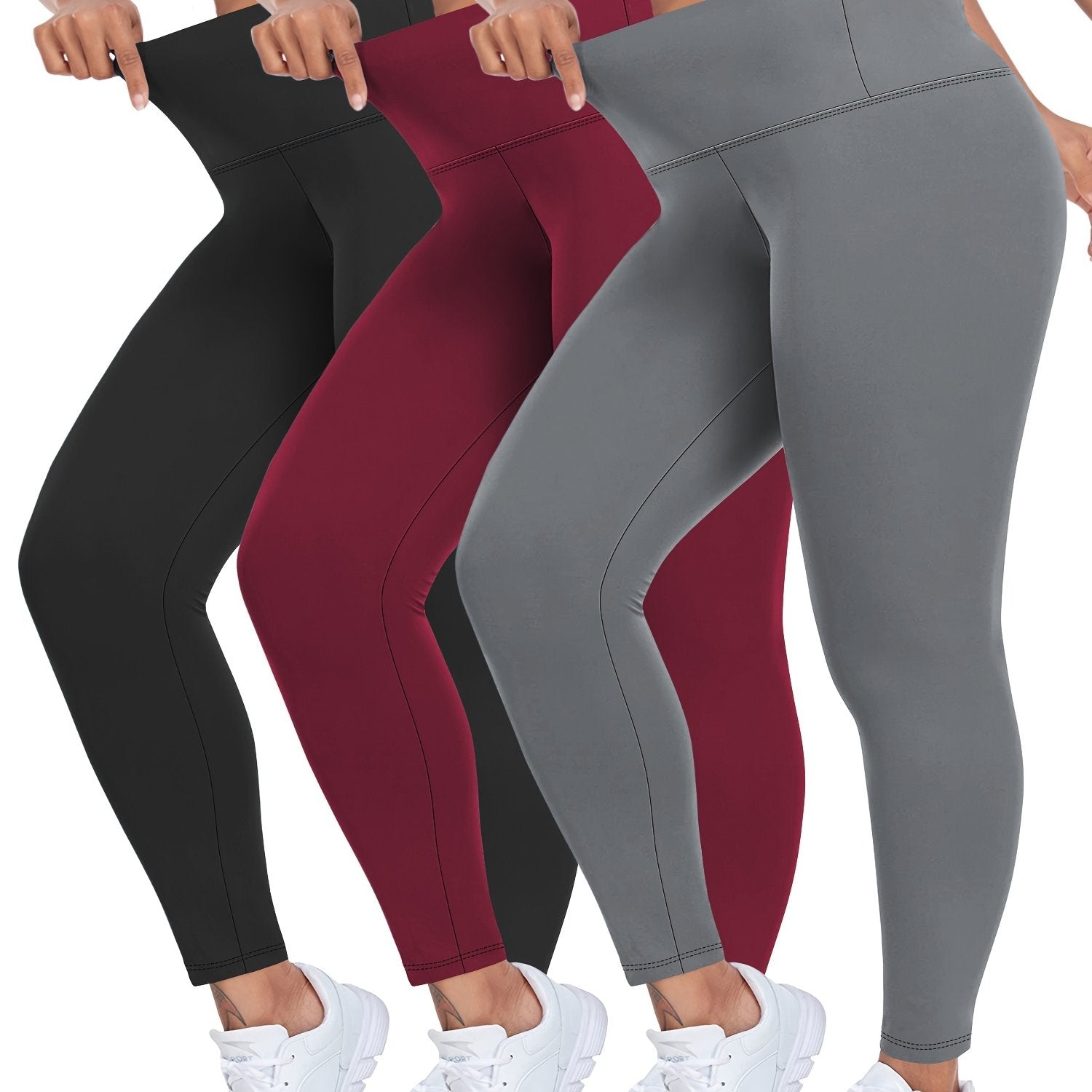 Leggings de talla grande de cintura alta de color sólido, pack de 3
