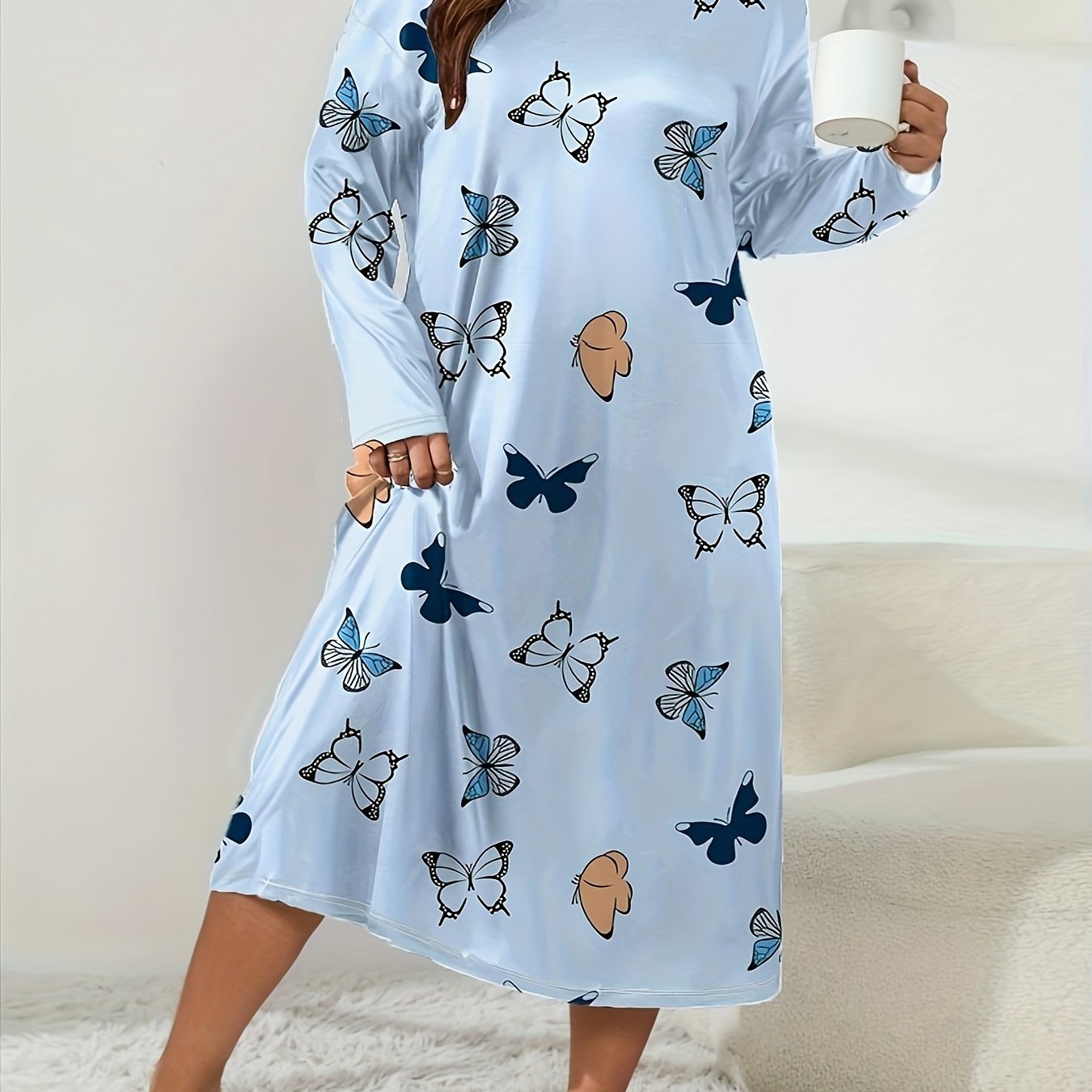 Plus Size Women's Sleep Dress Long Sleeve Tie-Dye Lounge Nightgown