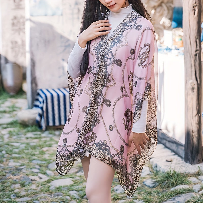 Large Lightweight Imitation Silky Shawl with Letter Chain Stripe Design for Beach and Seaside Travel