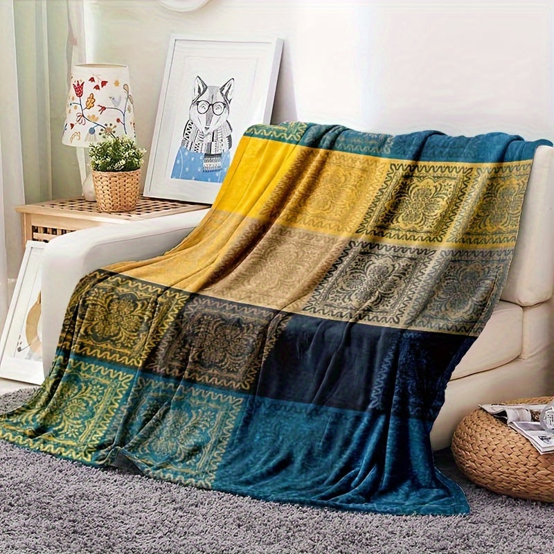 Bohemian Flannel Throw Blanket with Mixed Colors and Knitted Design