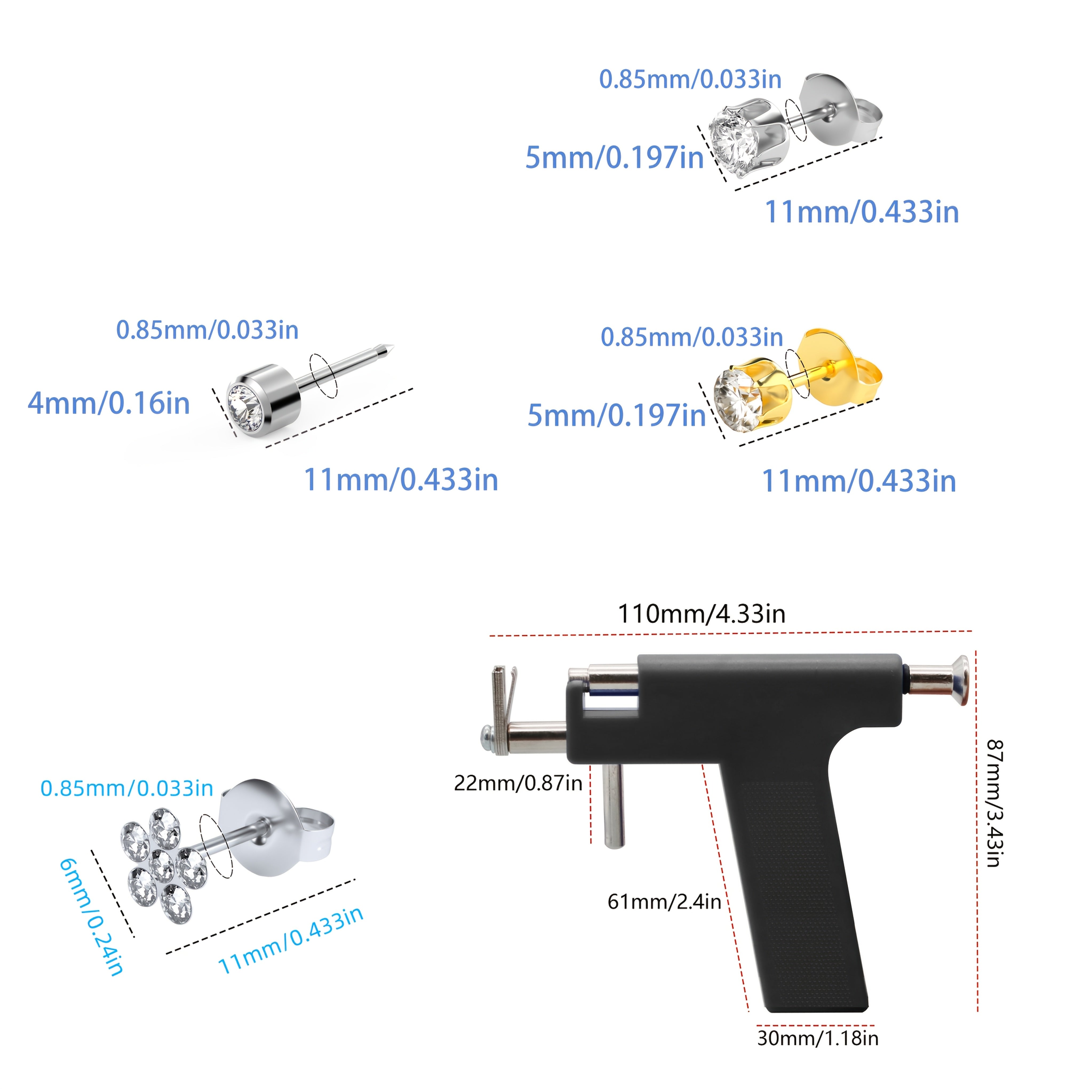 Quloq teshish uchun to'plam, qayta ishlatiladigan qurol bilan, gipоallergik taqinchoqlar, dezinfeksiya qilish uchun eritma