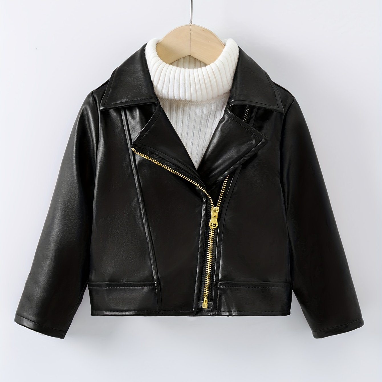 Faux Leather Jacket for Kids with Lapel and Diagonal Zipper Short Length Fall Winter