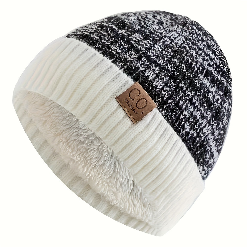 Knit Beanie with Letter Patch, Fleece-Lined, Ear Protection, Men’s Sporty Hat