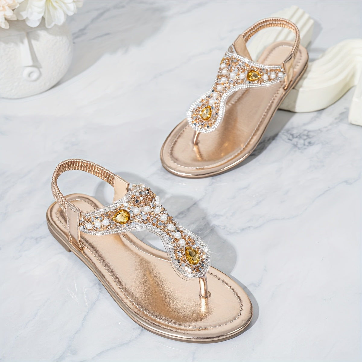 Women Bohemian Sandals with Rhinestones Slip-On Flat Shoes for Beach Casual