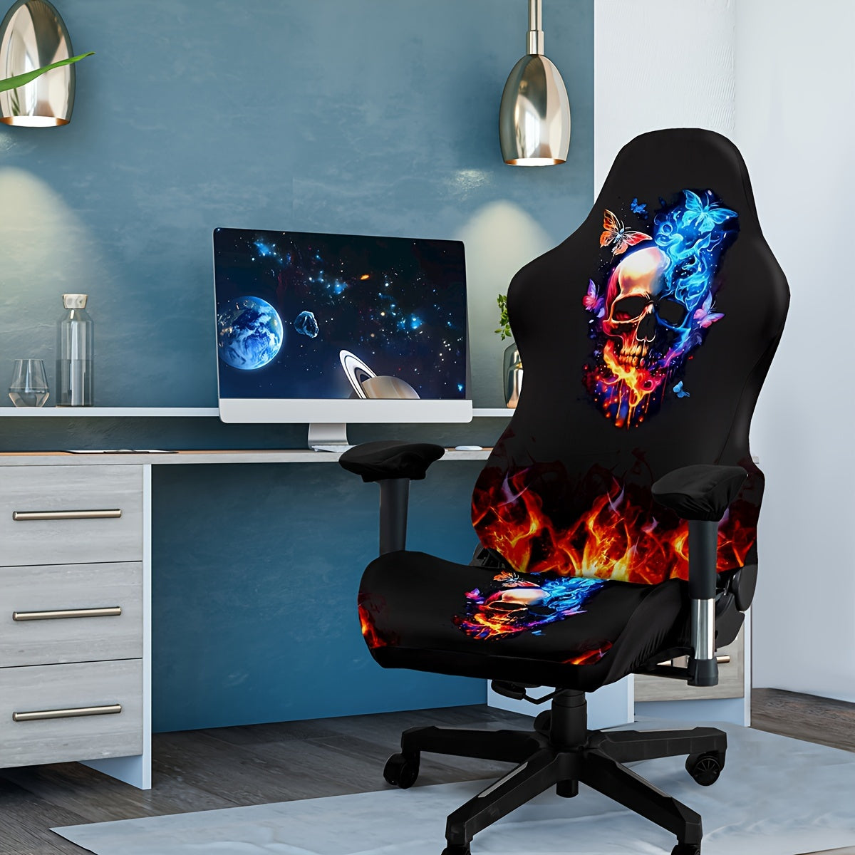Stretchable Gaming Chair Cover with Eclectic Skull Digital Print Made of Milk Fiber Fabric