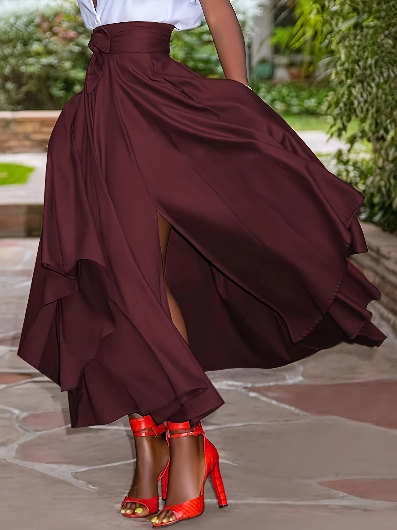 Plus Size Midi Skirt with Belt Side Slit High Waist Non-Stretch Polyester for Spring Summer Fall