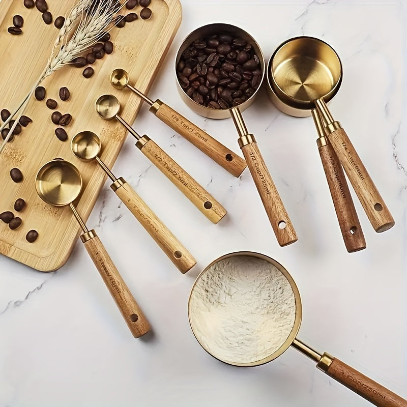 Set of 8 Golden Stainless Steel Measuring Cups and Spoons with Wooden Handles