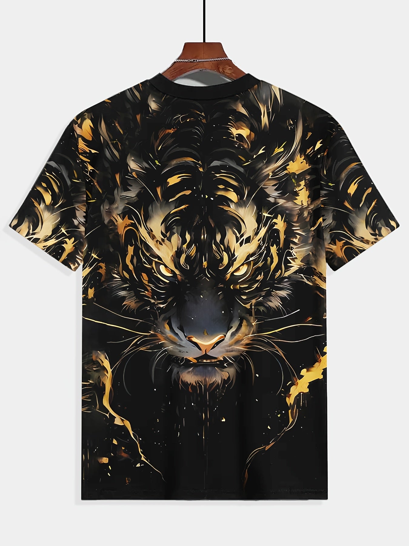 Camiseta casual para hombre con estampado de tigre de aceite negro y dorado, punto de poliéster, manga corta, verano