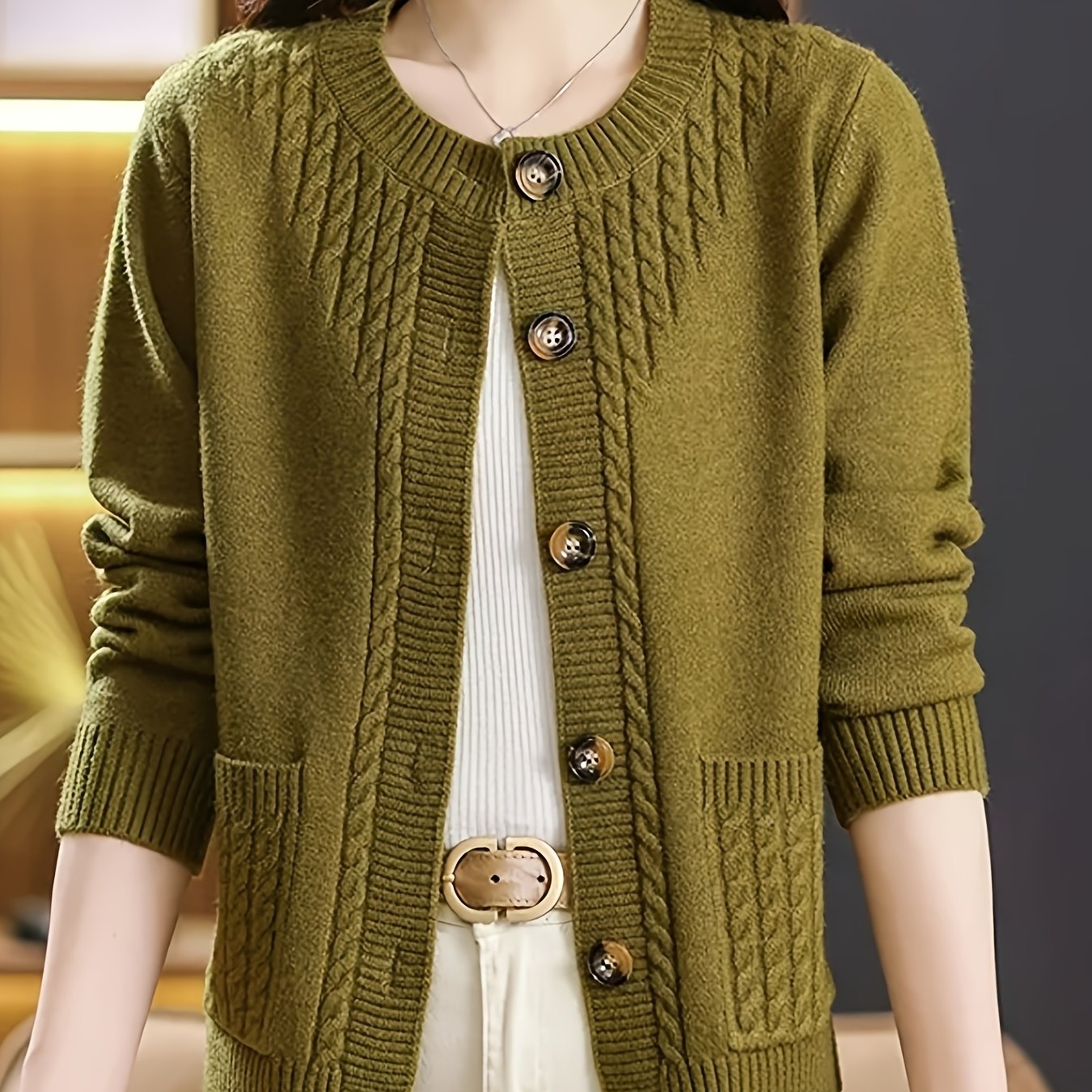 Women's Spring Cardigan with Long Sleeves Crew Neck Solid Color Knit Fabric