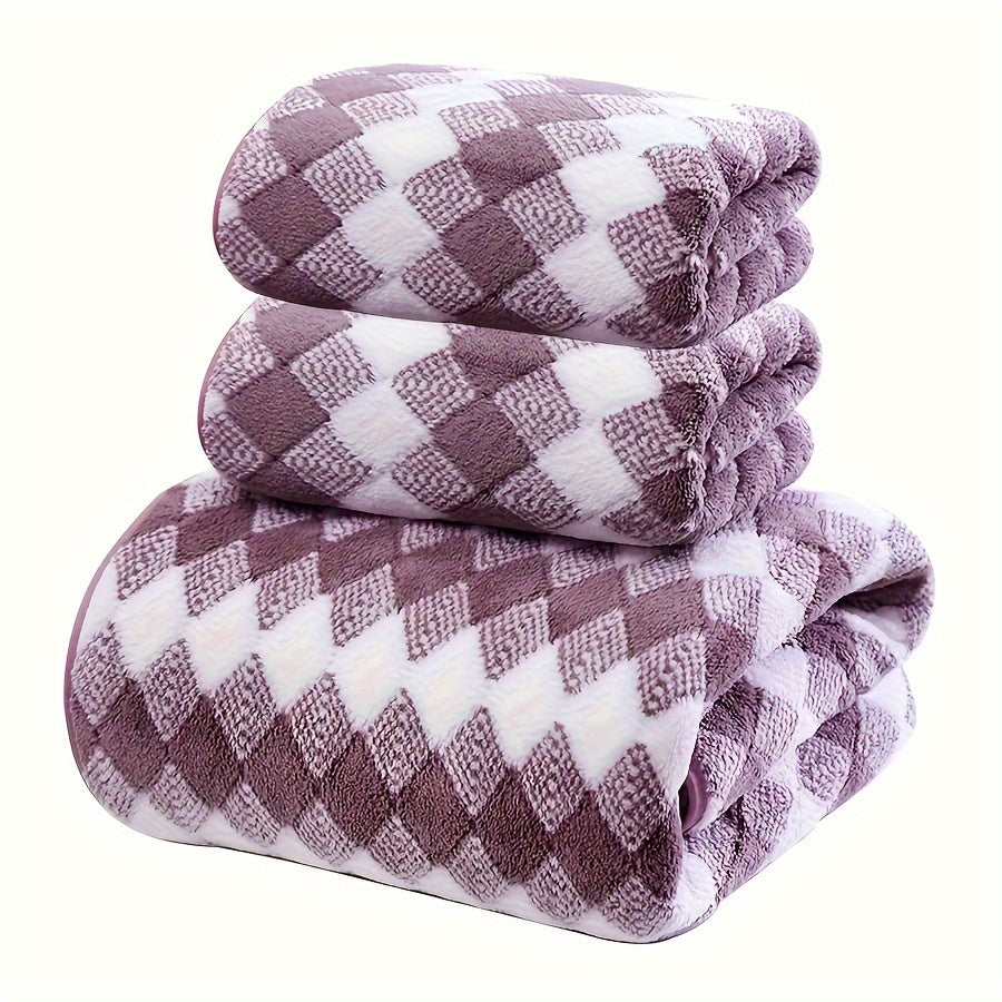 Plaid Pattern Towel Set Coral Velvet 2 Bath Towels 1 Hand Towel Absorbent