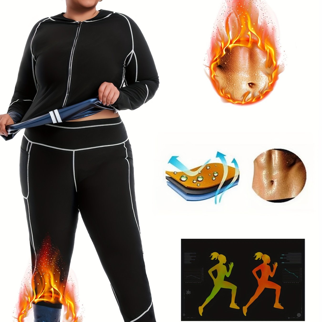 Plus Size Women's Shapewear Suit for Autumn Winter Patchwork Long Sleeve Waist Trimmer Yoga Set