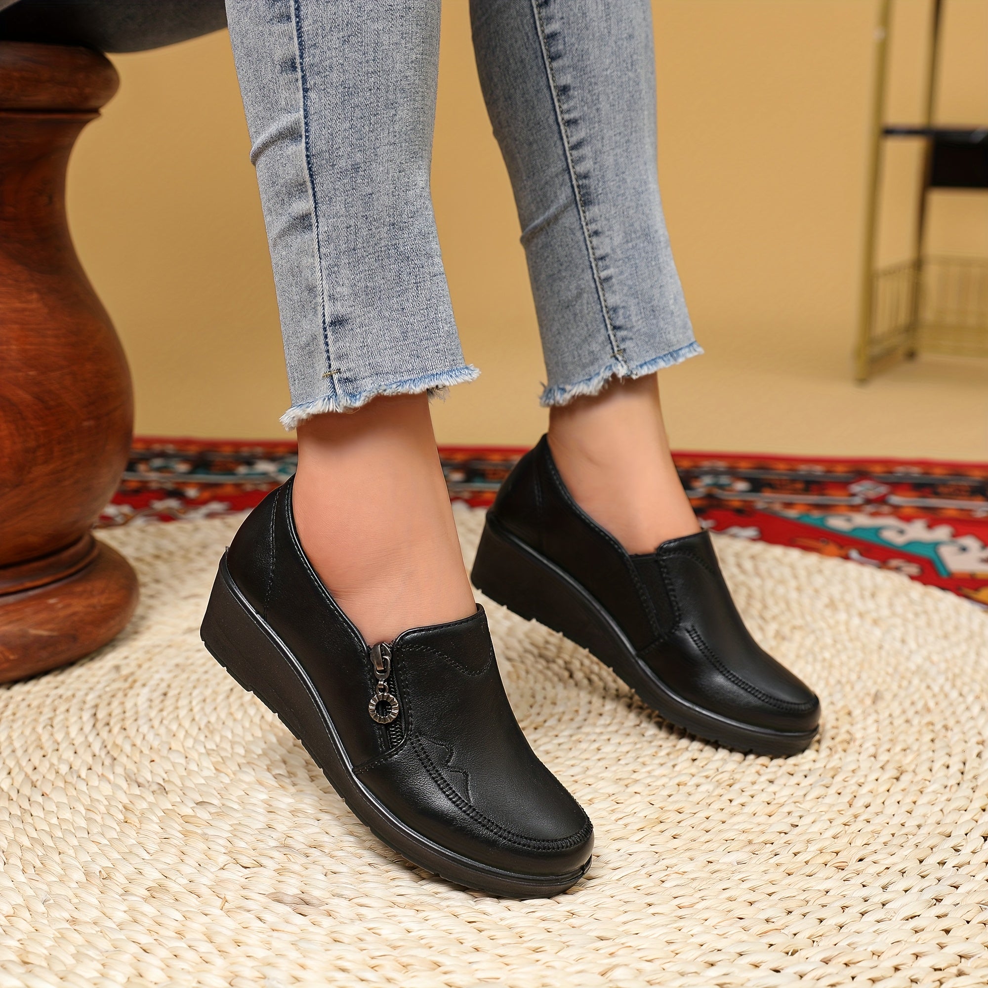 Women’s Embroidery Detail Leather Loafers – Comfortable Flat Shoes for Work and Casual