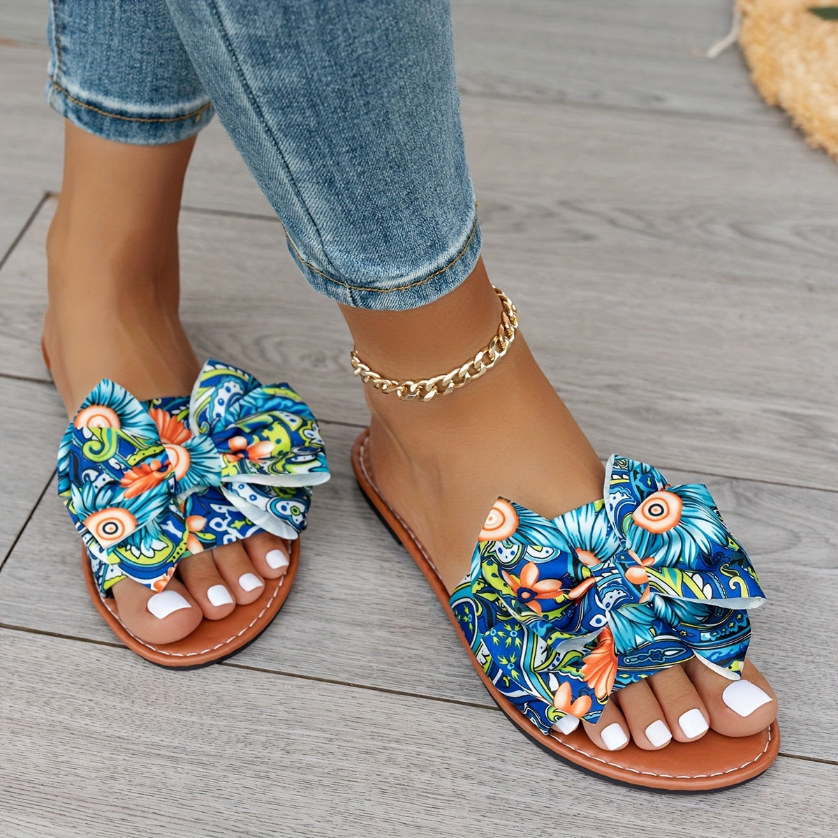 Women Bohemian Floral Slide Sandals Vibrant Blue Orange Green Strappy