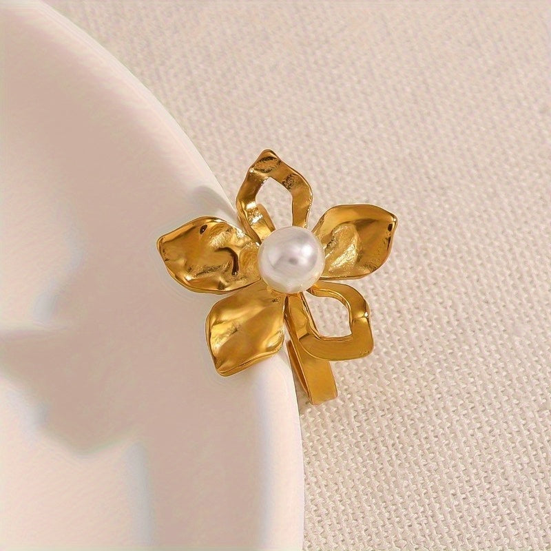 Women’s Titanium Steel Ring with Open Flower Design and Imitation Pearl